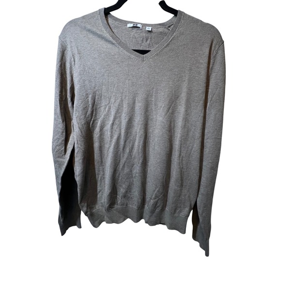 UNIQLO V Neck Sweater Mens Small Tan Beige Cotton Cashmere Blend Pullover - Picture 1 of 11